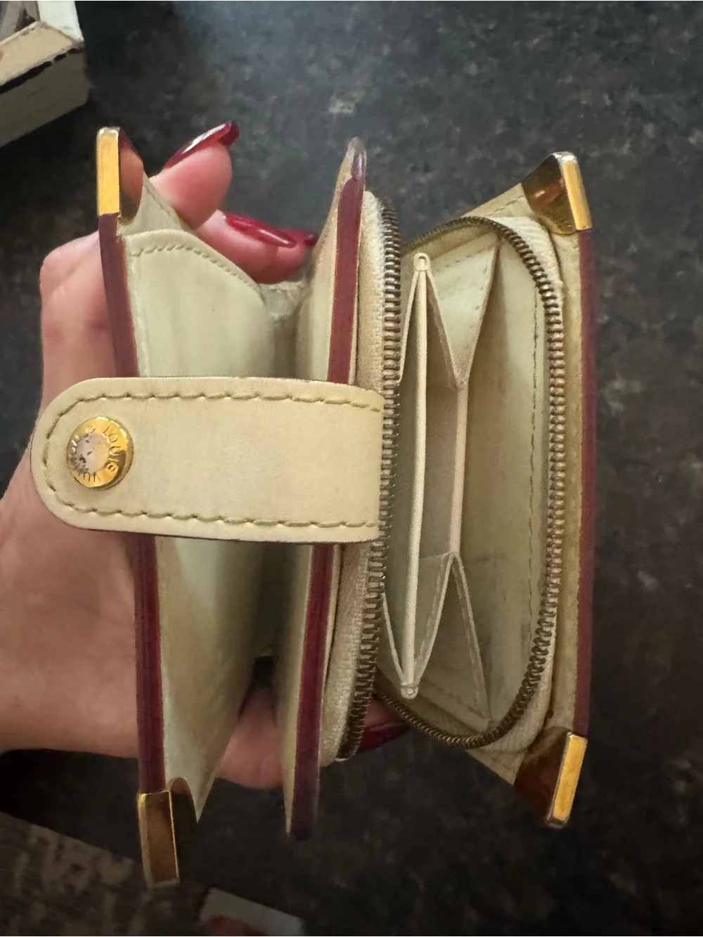Louis Vuitton Cream Goatskin Leather Bifold Wallet with Gold Accents
